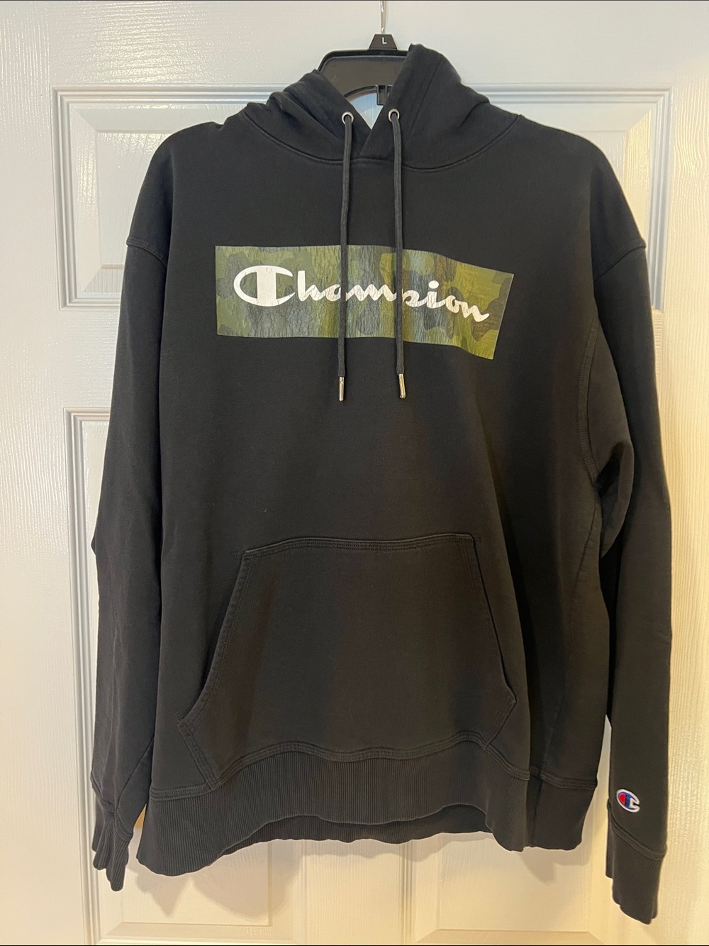 Champion Black Crewneck Hoodie with Camouflage Logo